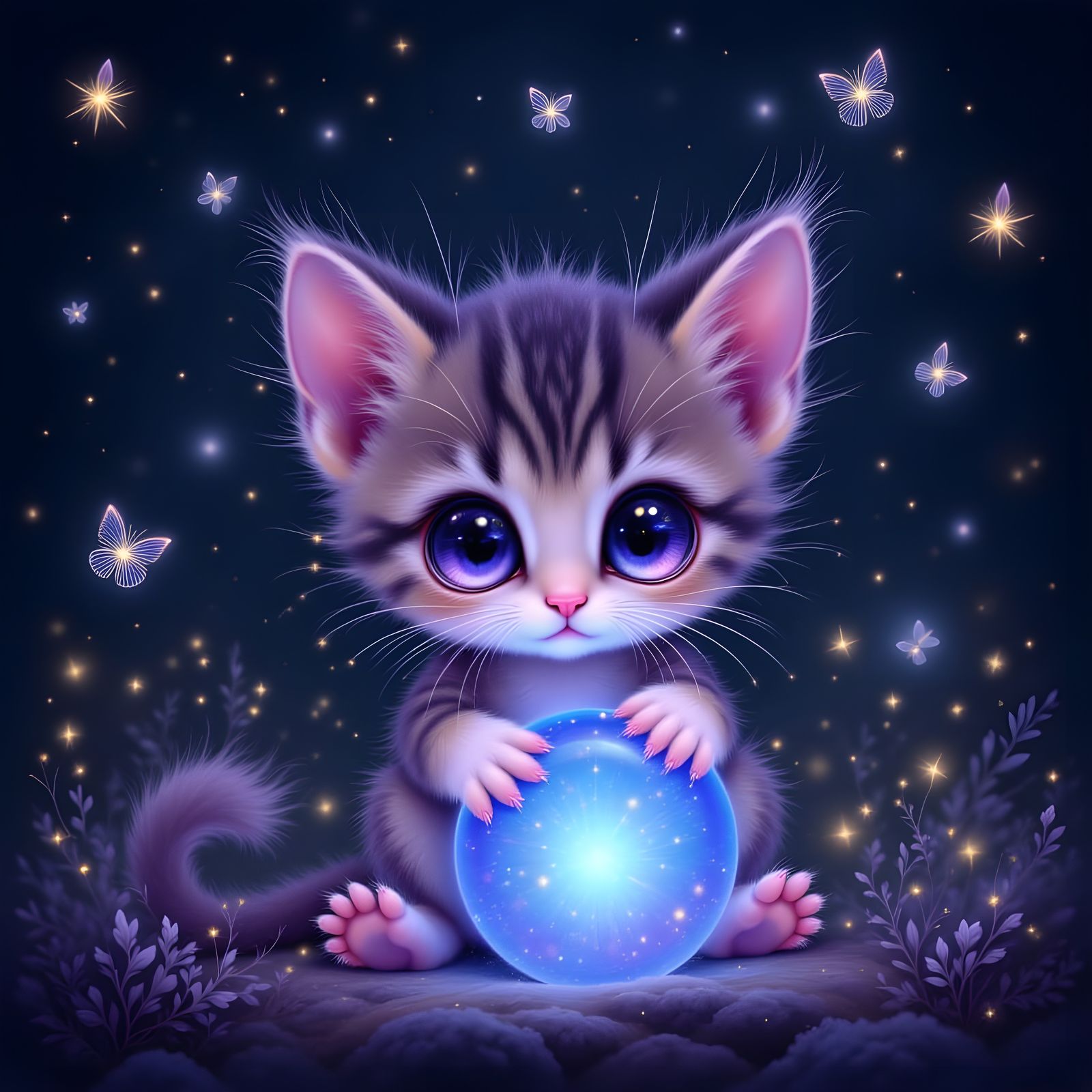 Cute Kitten with Glowing Toy and Fireflies