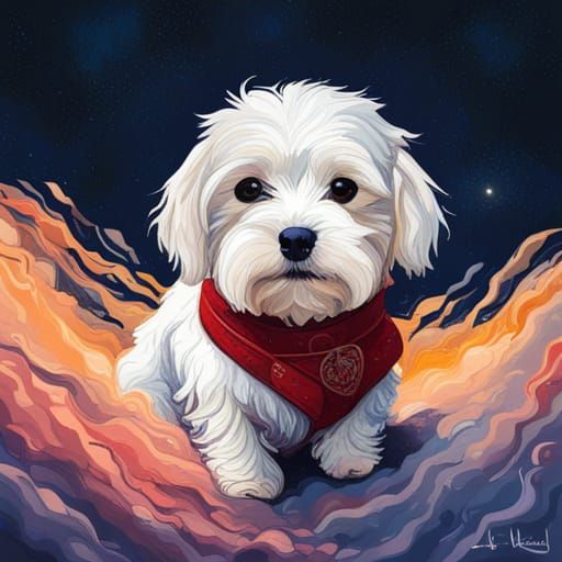Maltese Puppy Among the Stars: Impasto Illustration