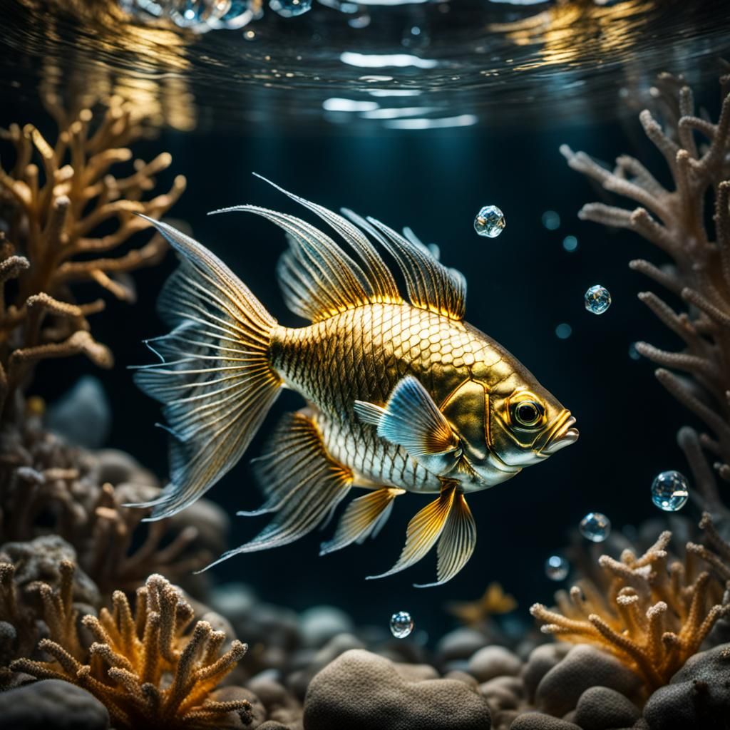Hyperrealistic Crystal Fish with Gold Details