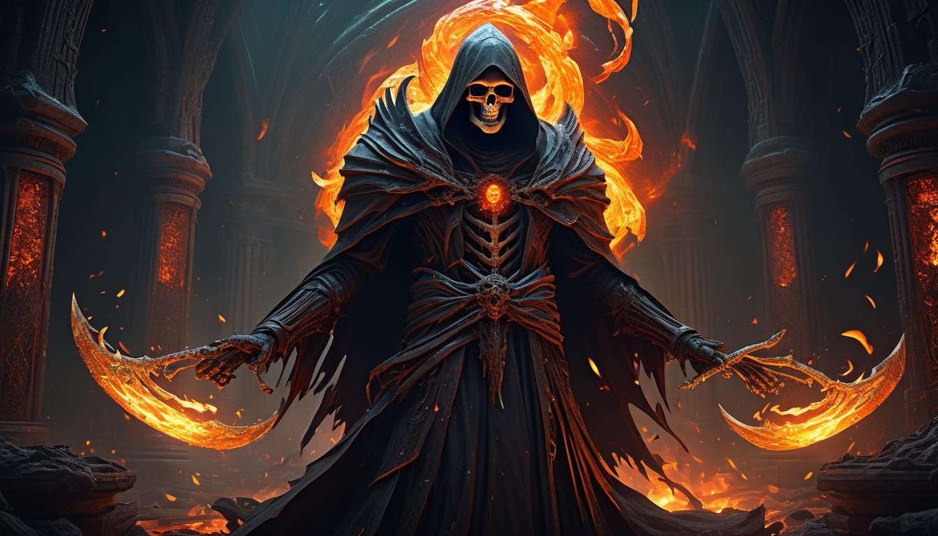 Grim Reaper in Fiery Soul Forge: Dark Fantasy Art