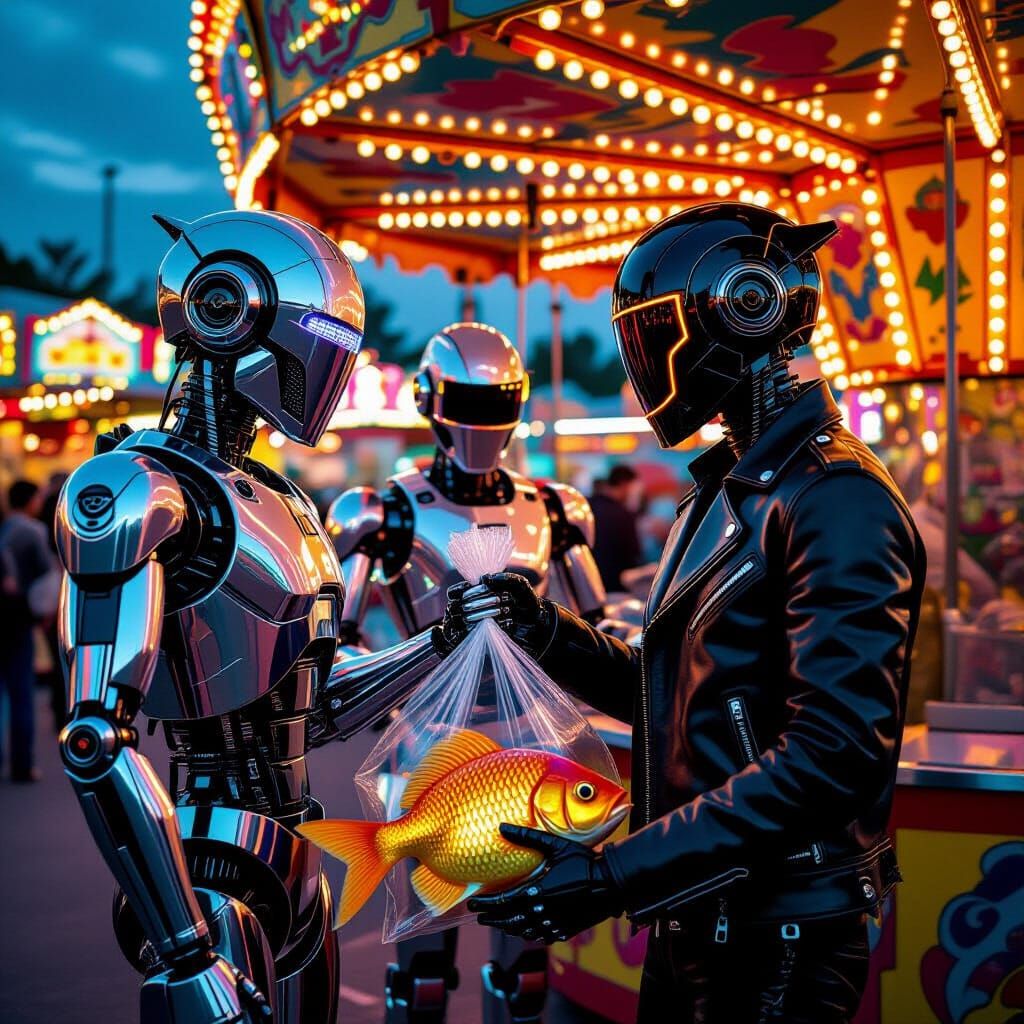 Robots at Funfair Hook-a-Duck Stall in Futuristic Style