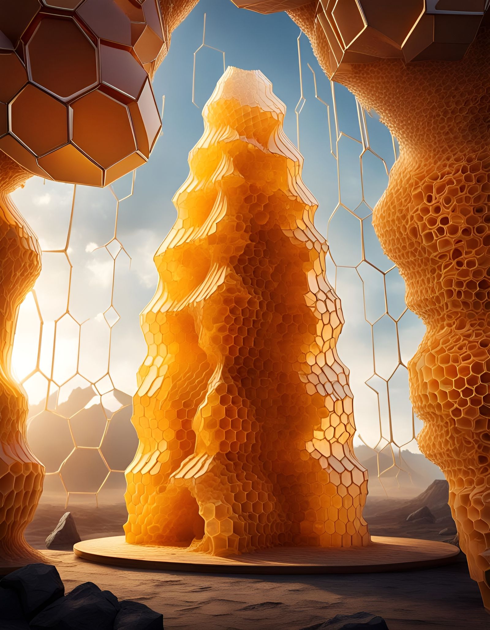 Otherworldly Honeycomb Tower in a Fantasy Landscape