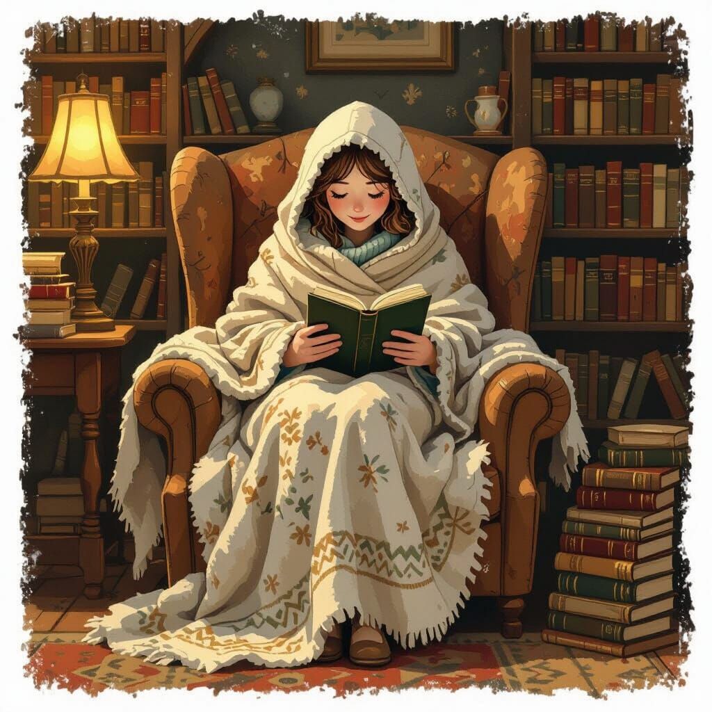 Cozy Reading Nook in Whimsical Folk Art Style