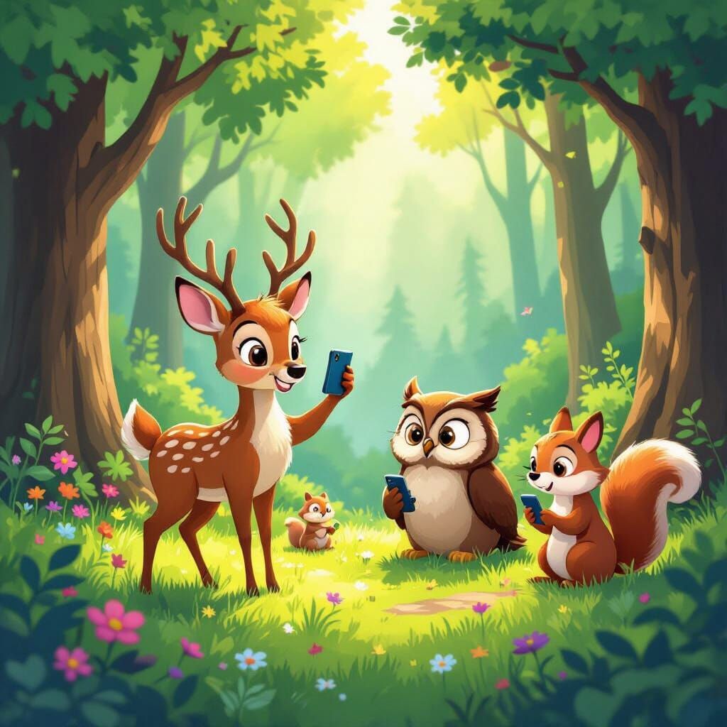 Modern Forest Animals Use Smartphones in Cartoon Style