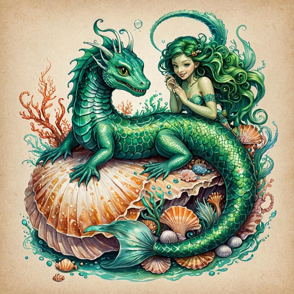 Emerald Sea Serpent and Mermaid in Ocean Paradise