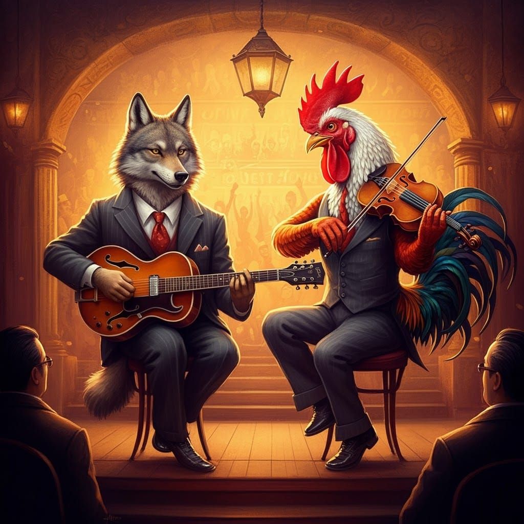 Gypsy Jazz Wolf and Rooster in Paris, Gouache Painting