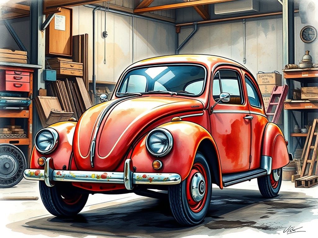 Rusty Vintage Car Repair in Watercolor Style