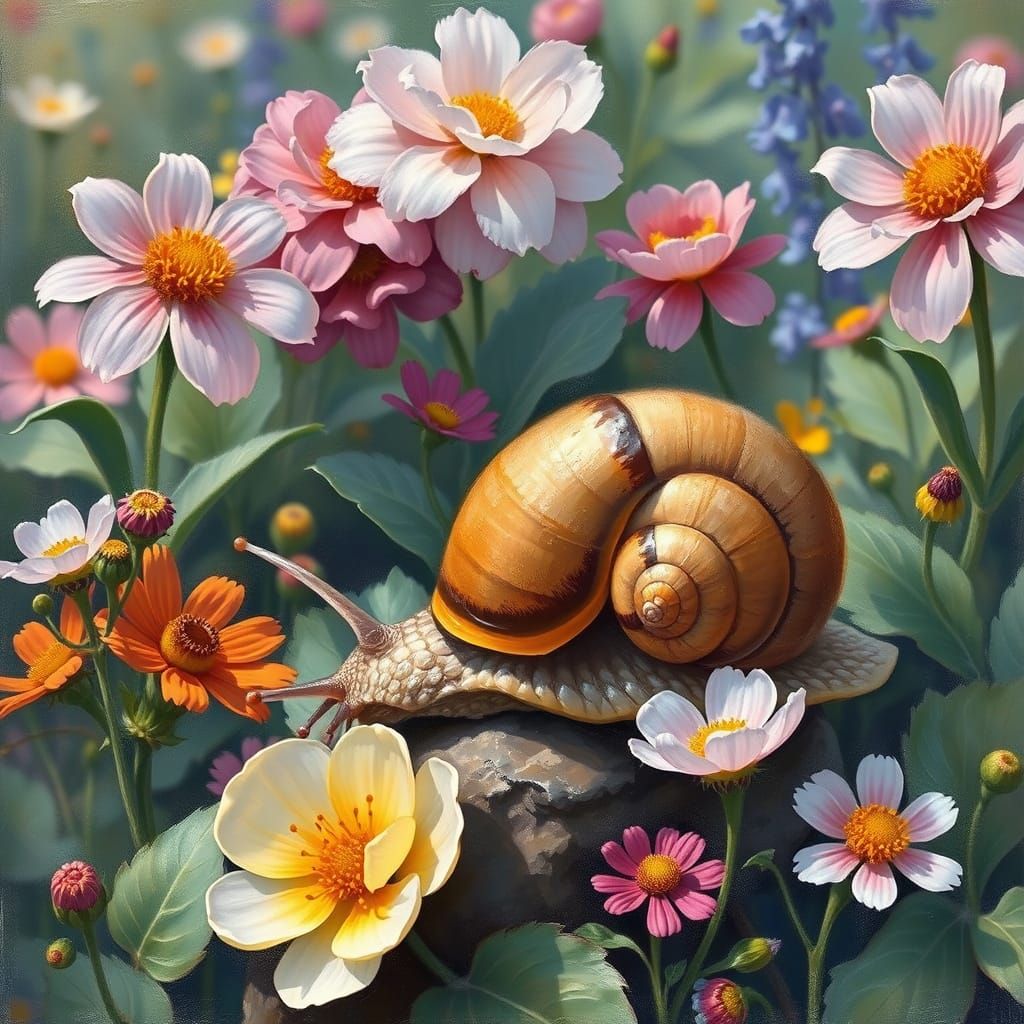 Snail in Lush Garden, Impressionist Style