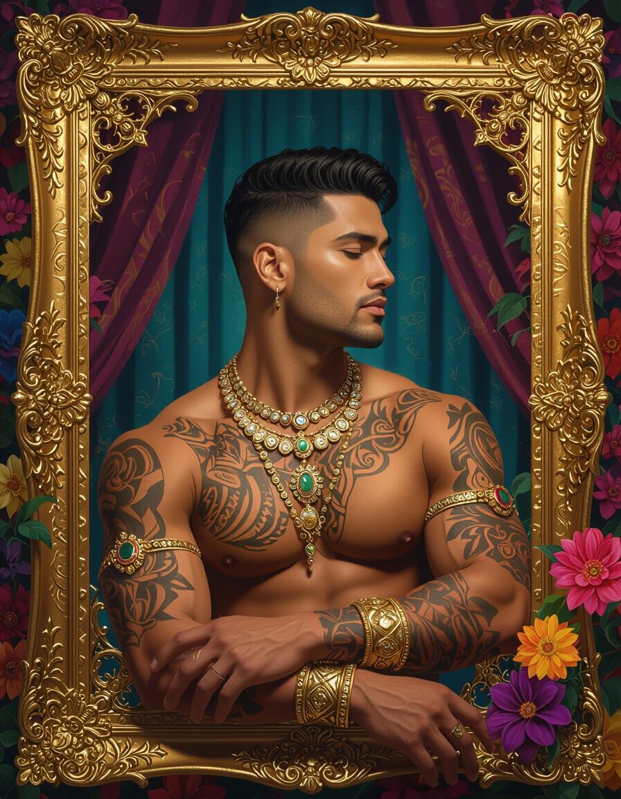 Serene Muscular Man Adorned in Gold and Jewels