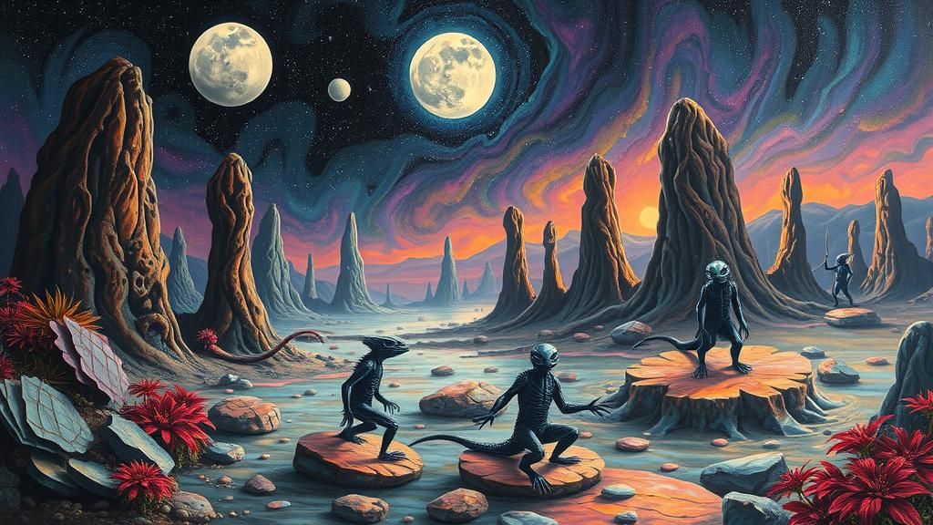 Lizard Aliens Ritual on Alien Planet, Surreal Art