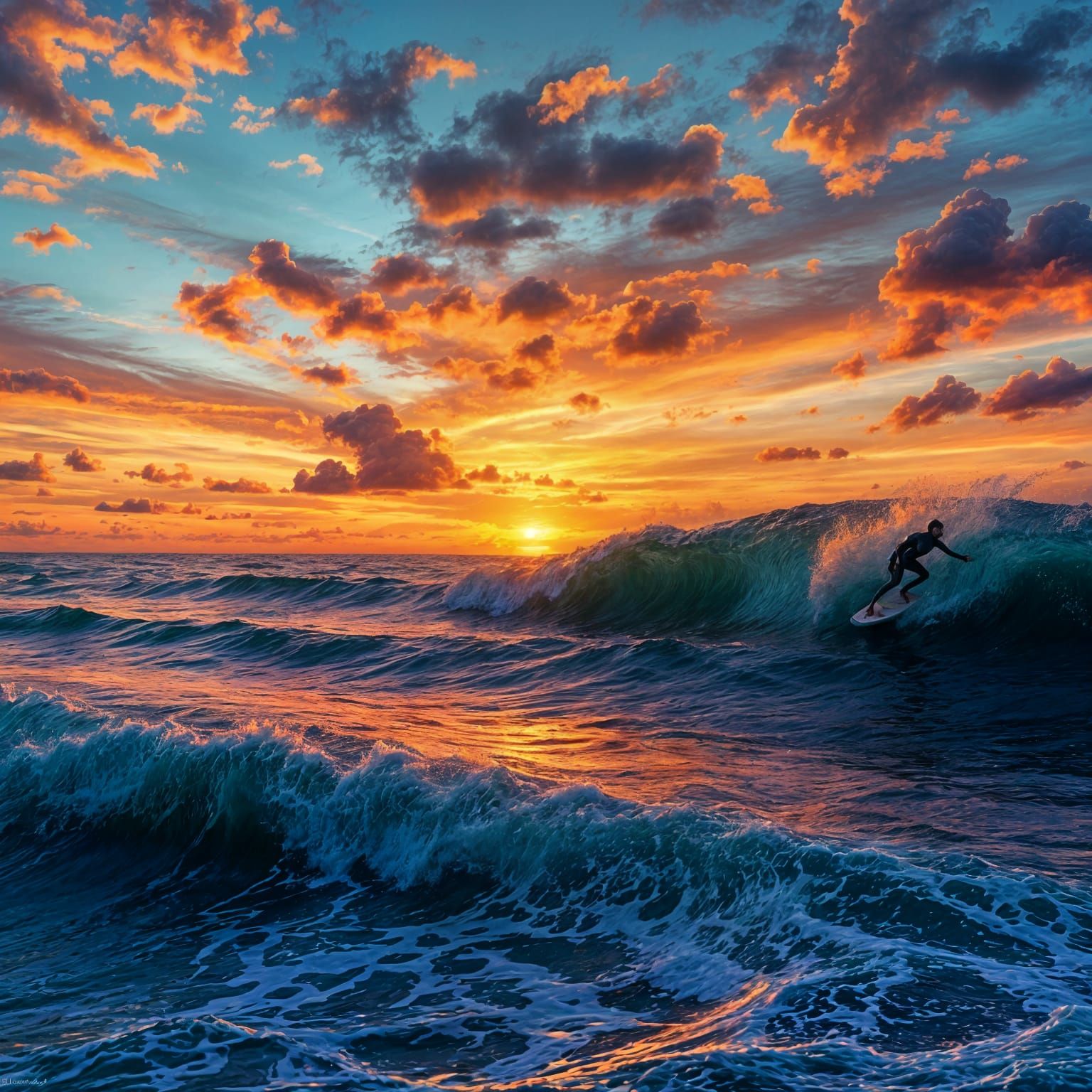 Peaceful Hyper Realistic Sunset over Ocean with Surfers