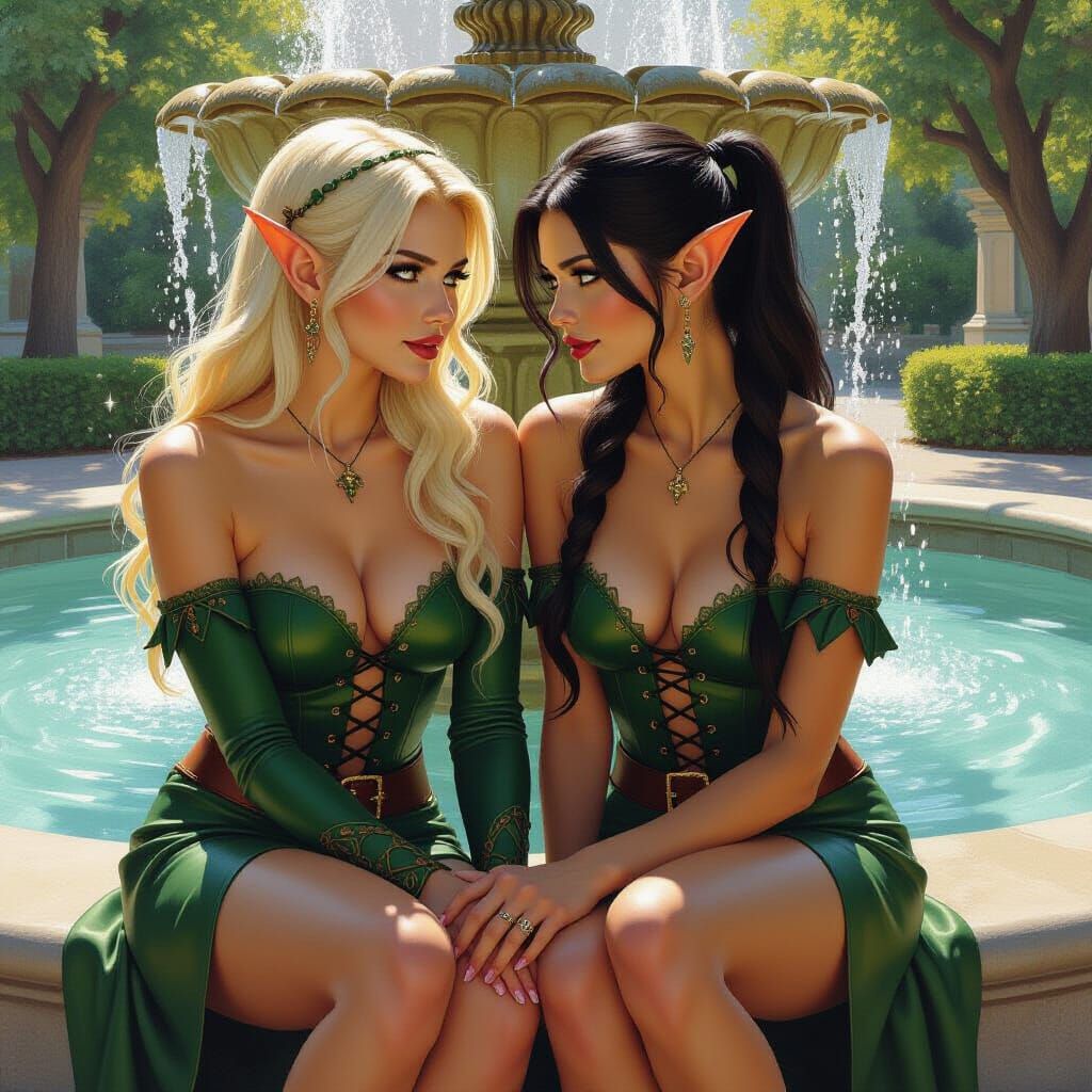 Two Elves by a Fountain, Fantasy Oil Painting