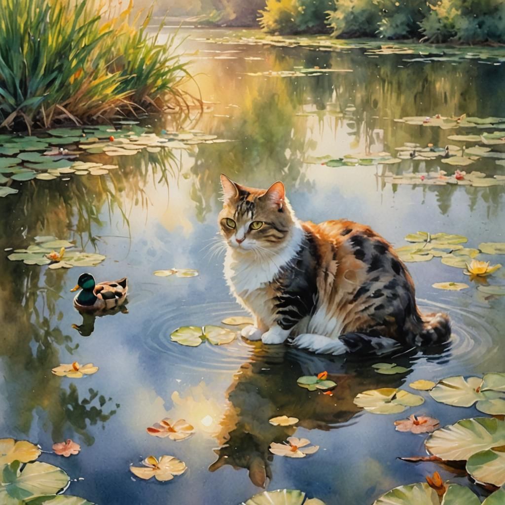Impressionistic Cat and Duck Pond in Watercolor