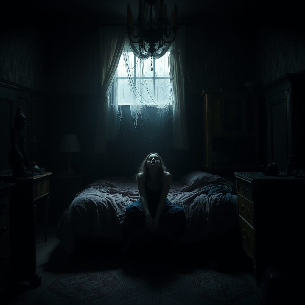 Eerie Woman in Haunted Bedroom: Dark Mystical Art