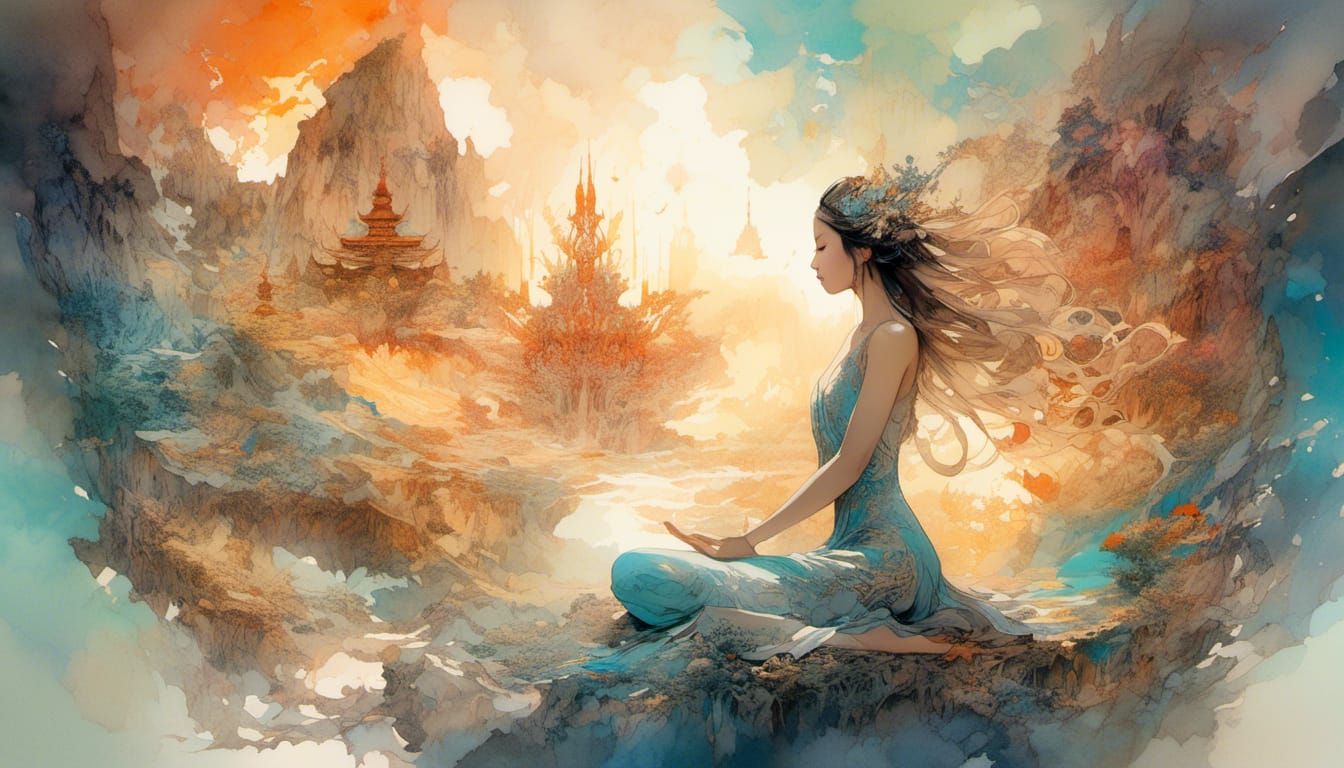 Asian Goddess in Meditation, Digital Watercolor Illustration