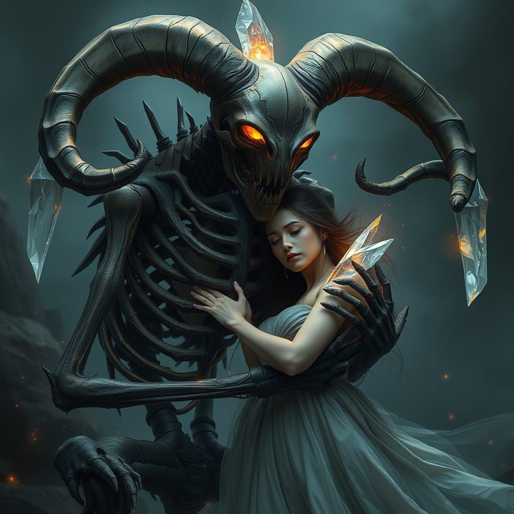 Skeletal Figure Embraces Woman in Gothic Dreamscape