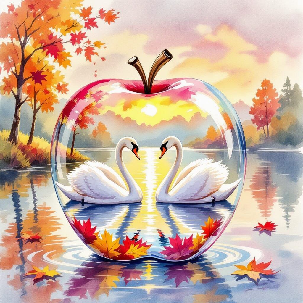 Pink Swans in Glass Apple Autumn Scene