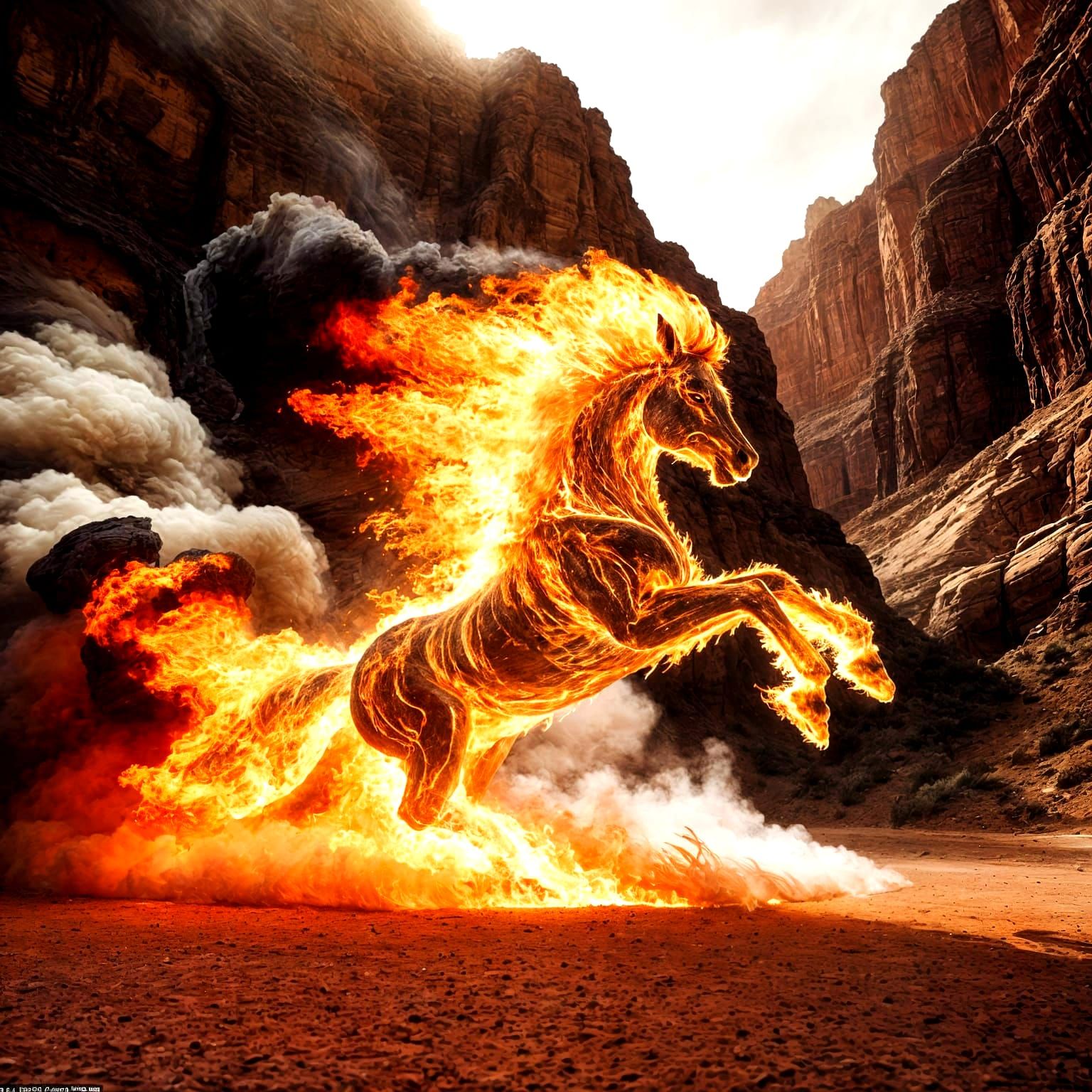 Fiery Horse Gallops Through Canyon Landscape