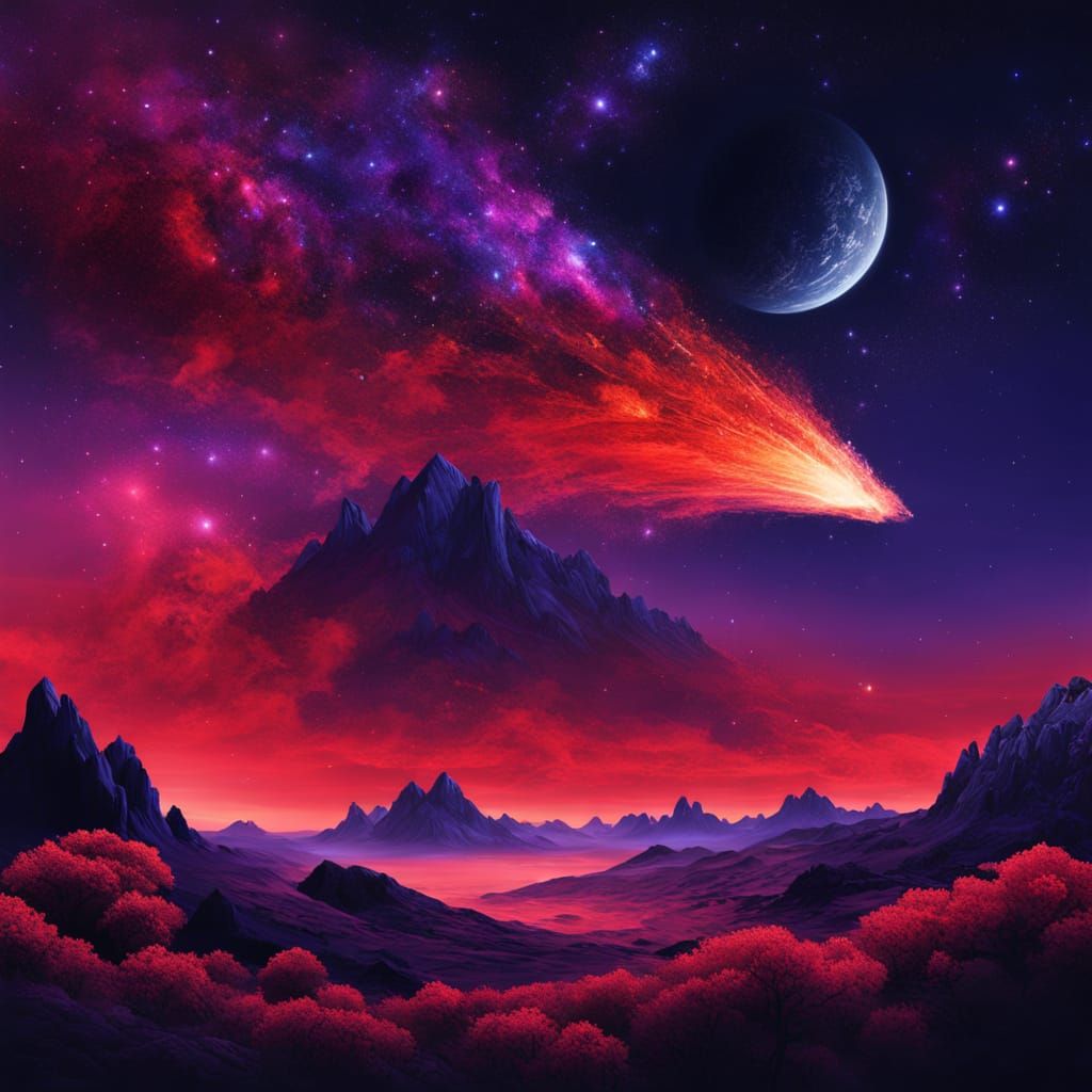 Surreal Comet Ascends in Fiery Cosmic Sky