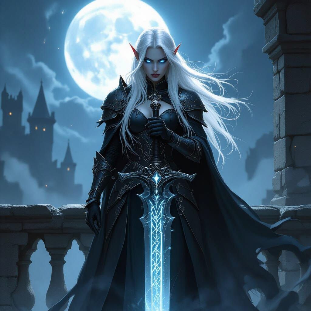 Elf Death Knight on Castle Balcony with Rune Sword