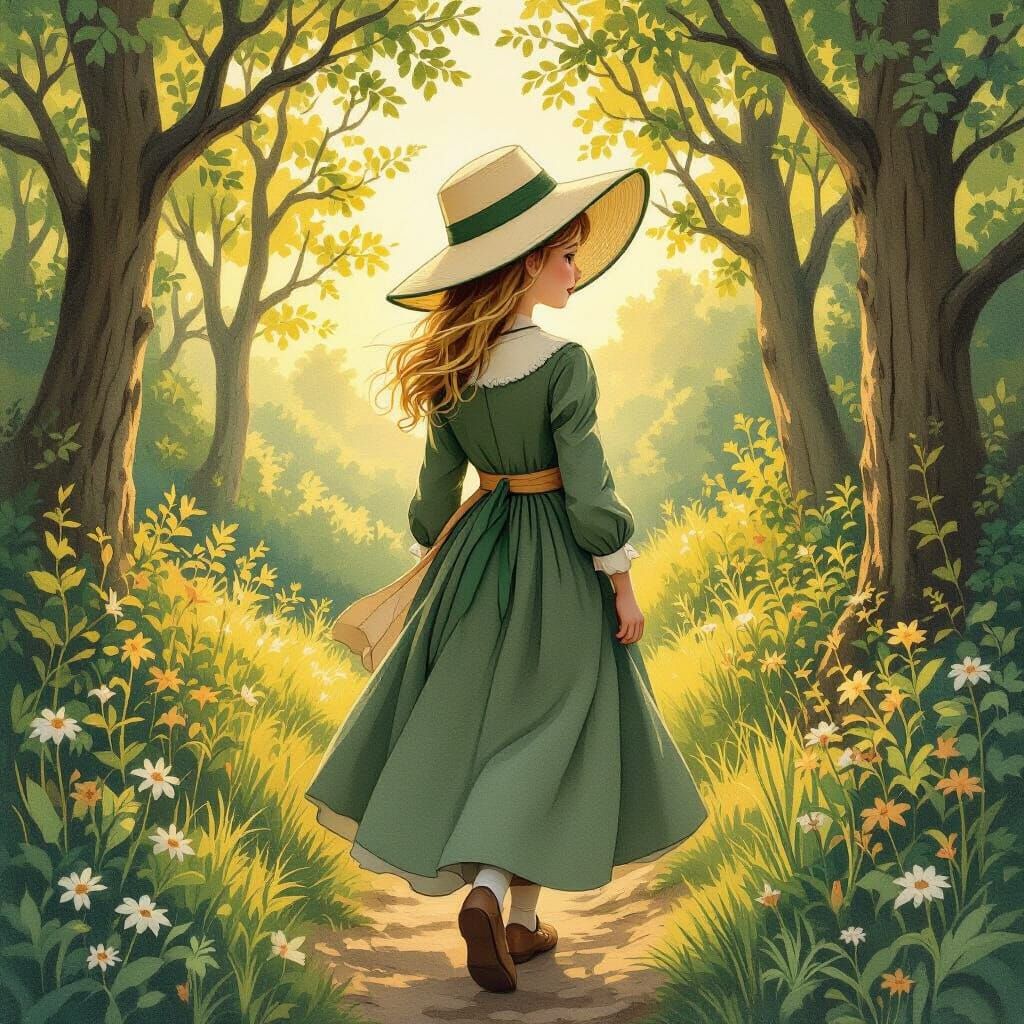 Girl Walks in Summer Forest, Beatrix Potter Style
