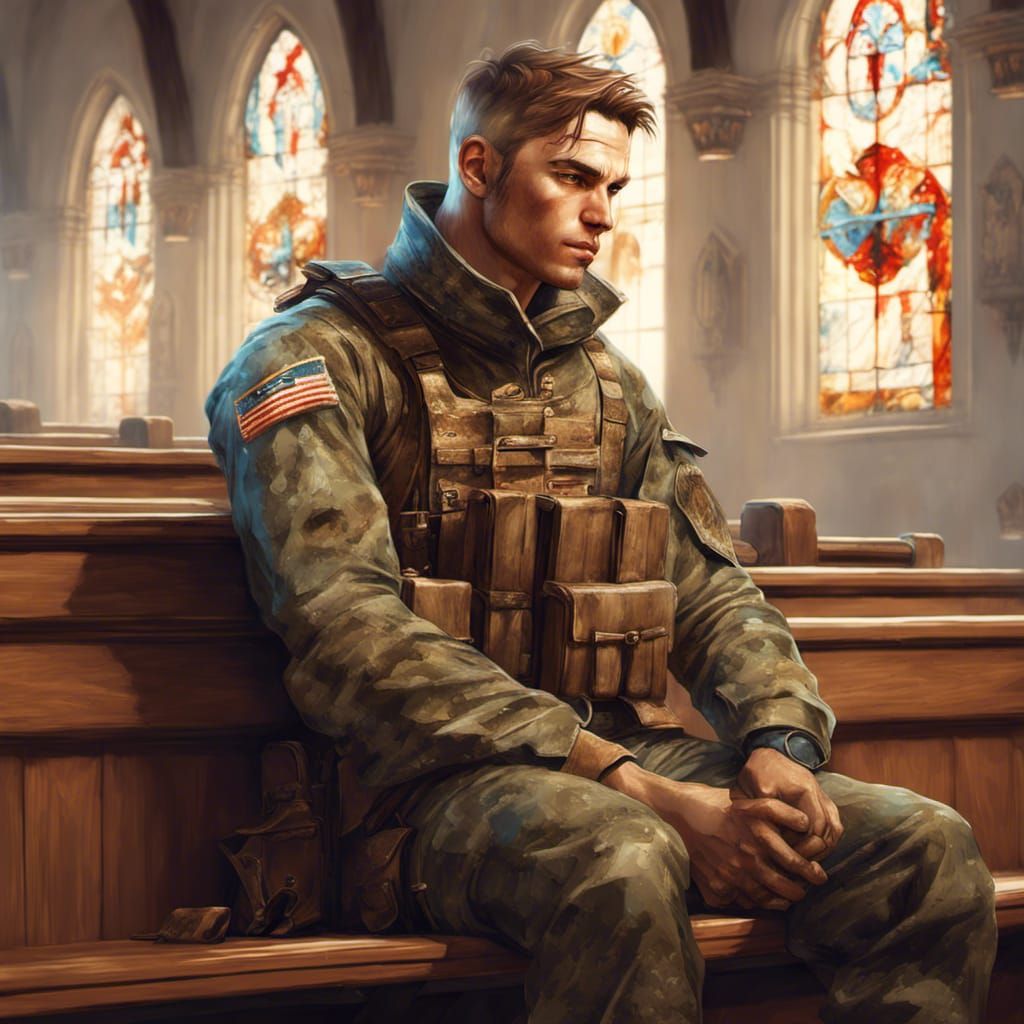 Soldier in Church Pew: Digital Illustration