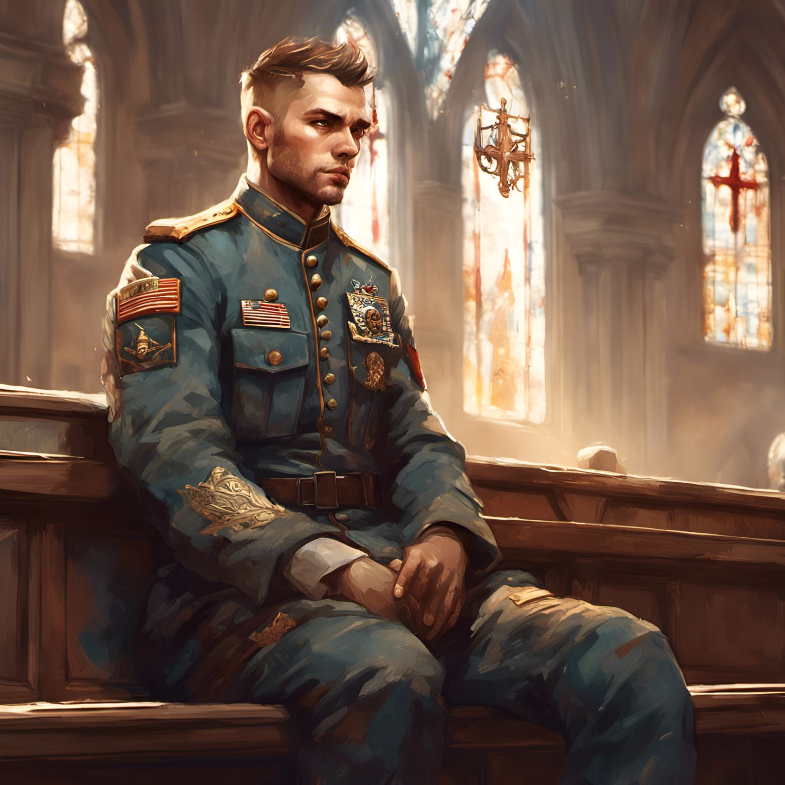Handsome Soldier in Church Pew Portrait