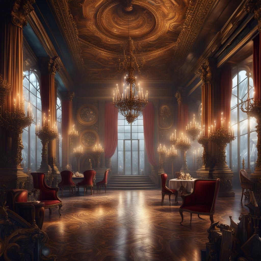 a steampunk masquerade ball in a winter palace.