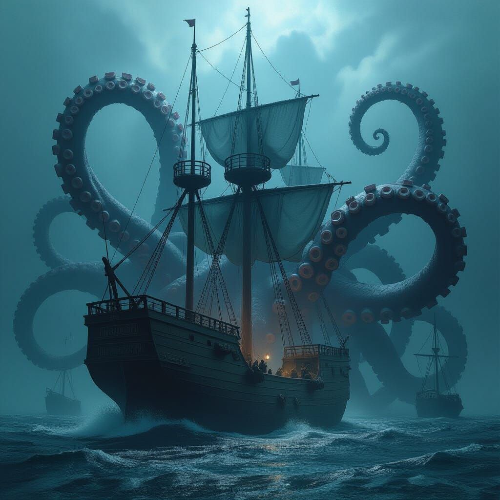 Colossal Kraken Attacks 17th Century Ship