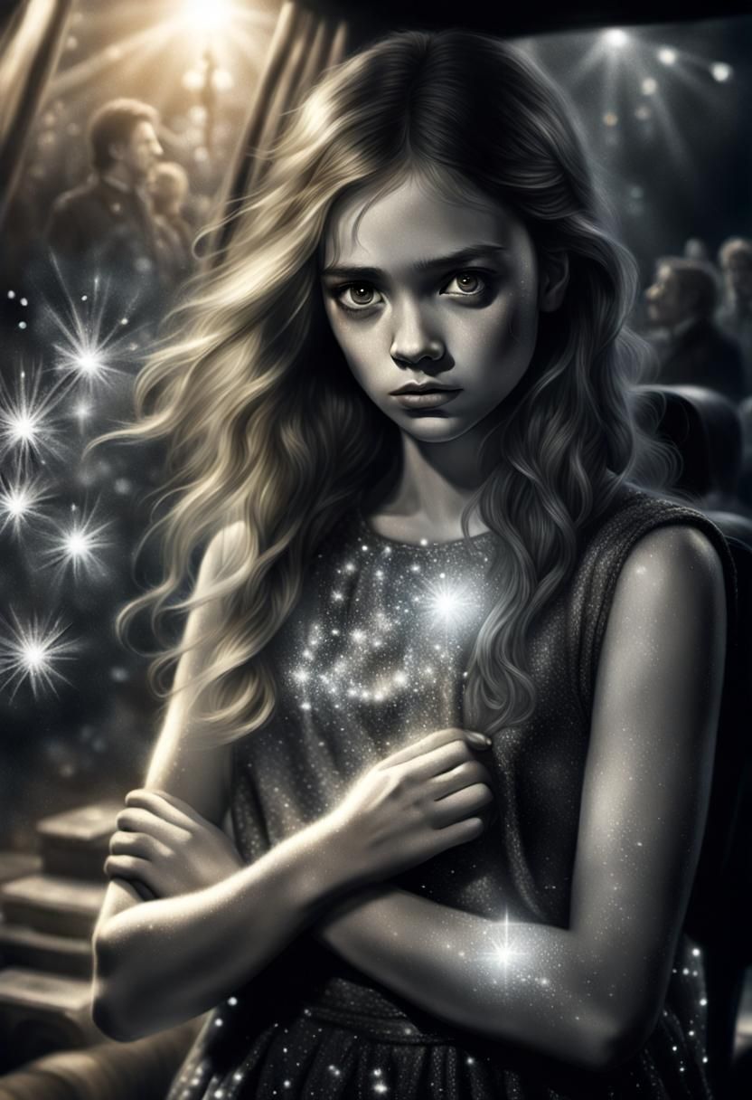 Girl Haunted by Past: Black and White Charcoal Drawing