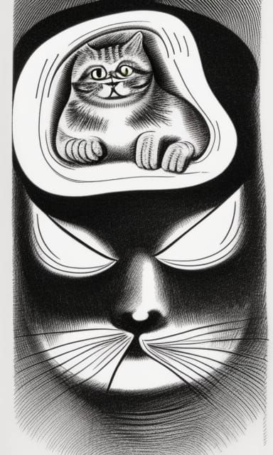 Cat Perched Atop Man's Head in Grotesque Style
