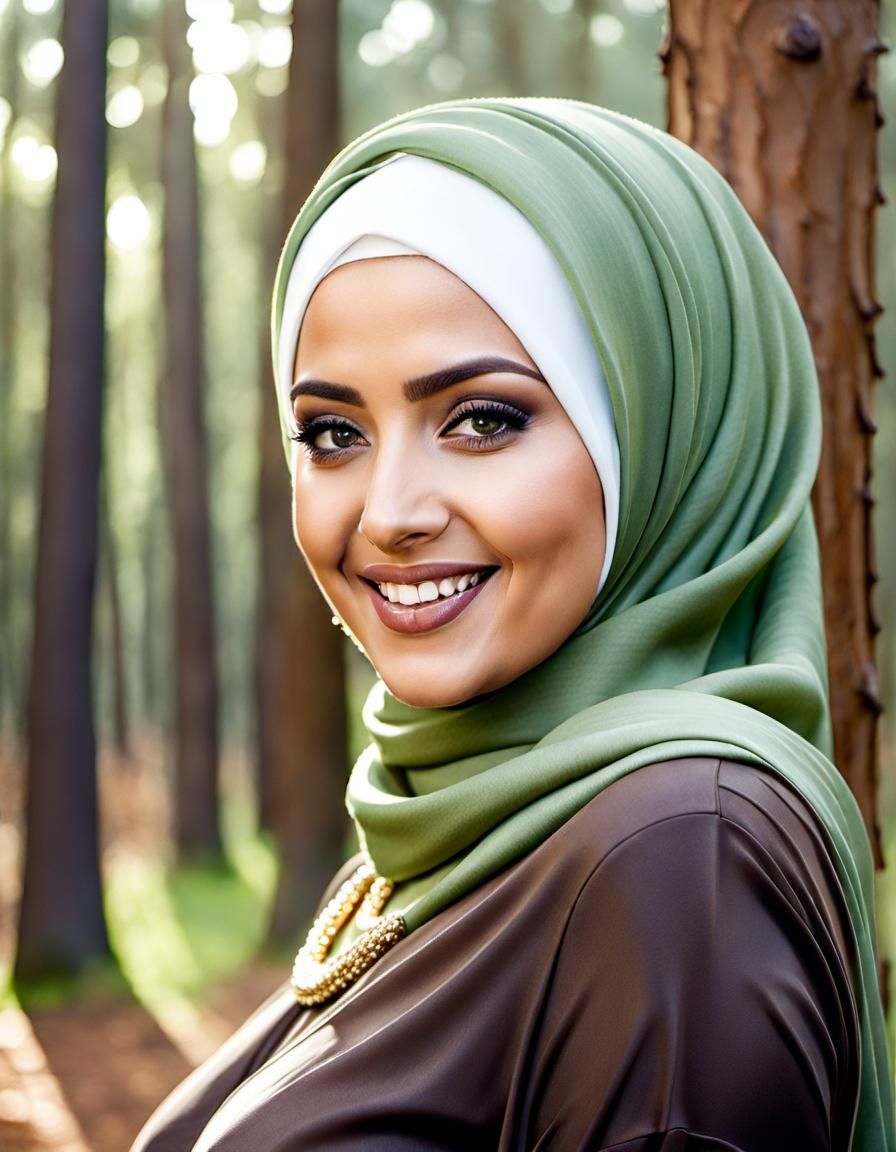 Smiling Arabian Woman in Green Hijab Watercolor Portrait