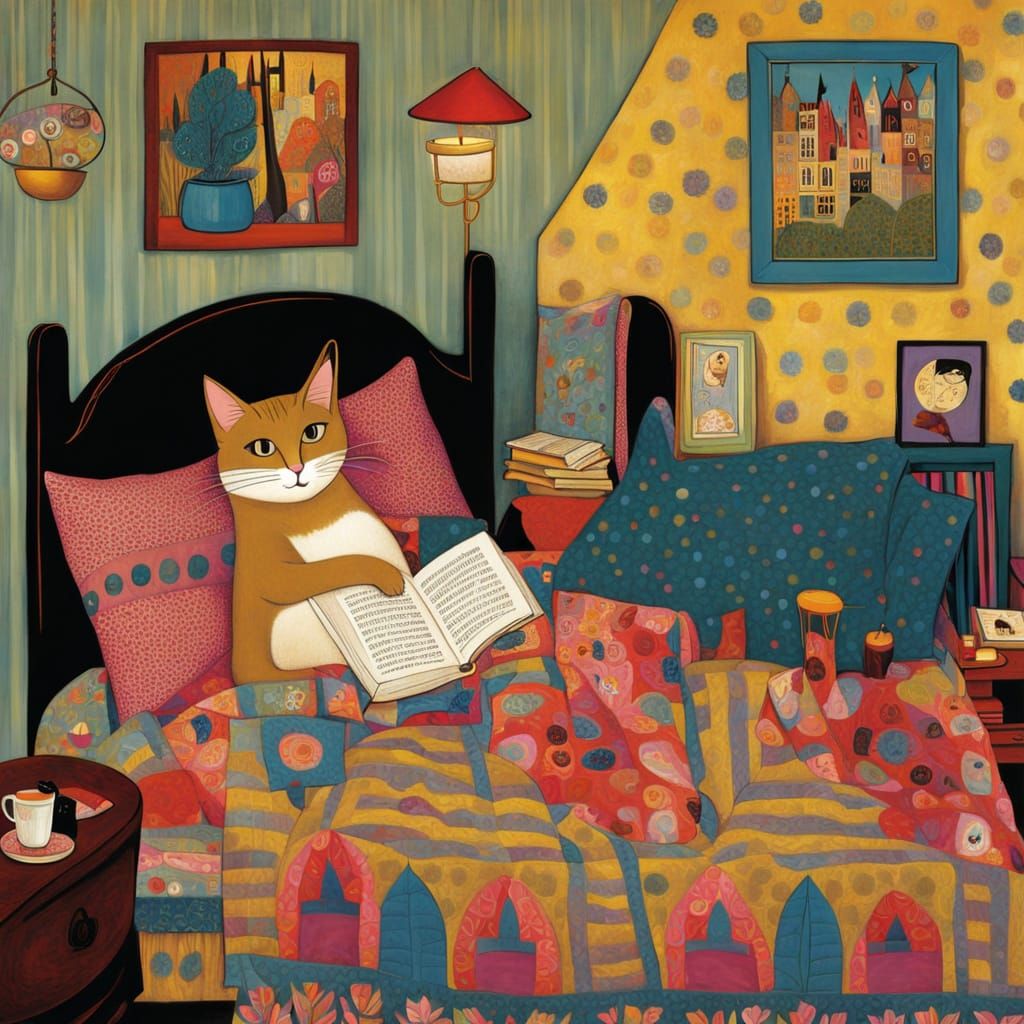 Cozy Cat Companion Reading in Bed