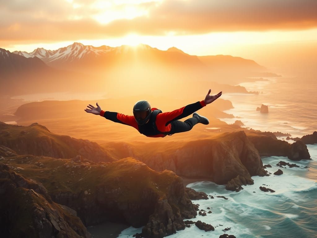 Wingsuiter Soaring Over Autumn Landscape at Magic Hour