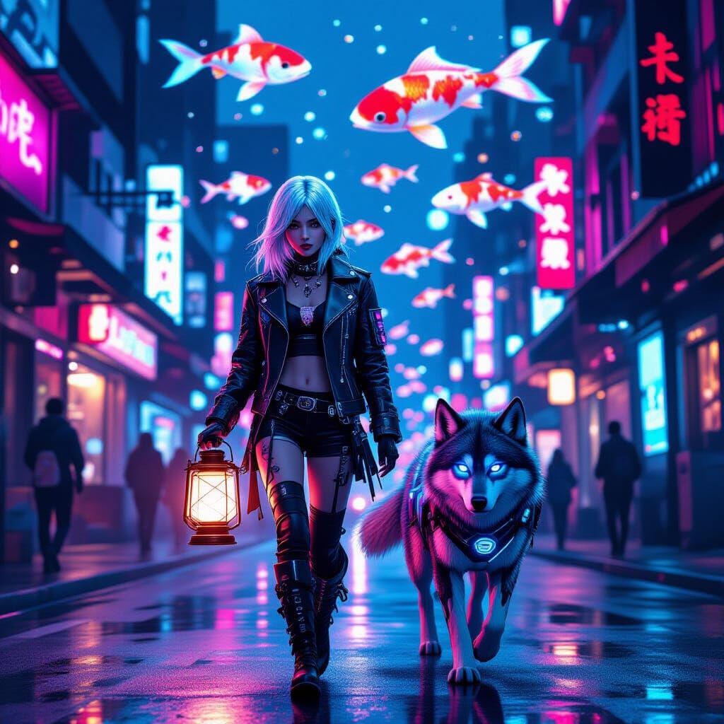 Cyberpunk Girl and Robotic Wolf in Neon City