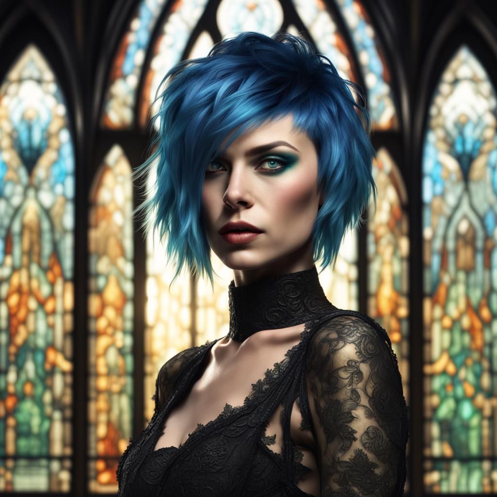 Punk Woman in Black Wedding Dress with Blue Hair