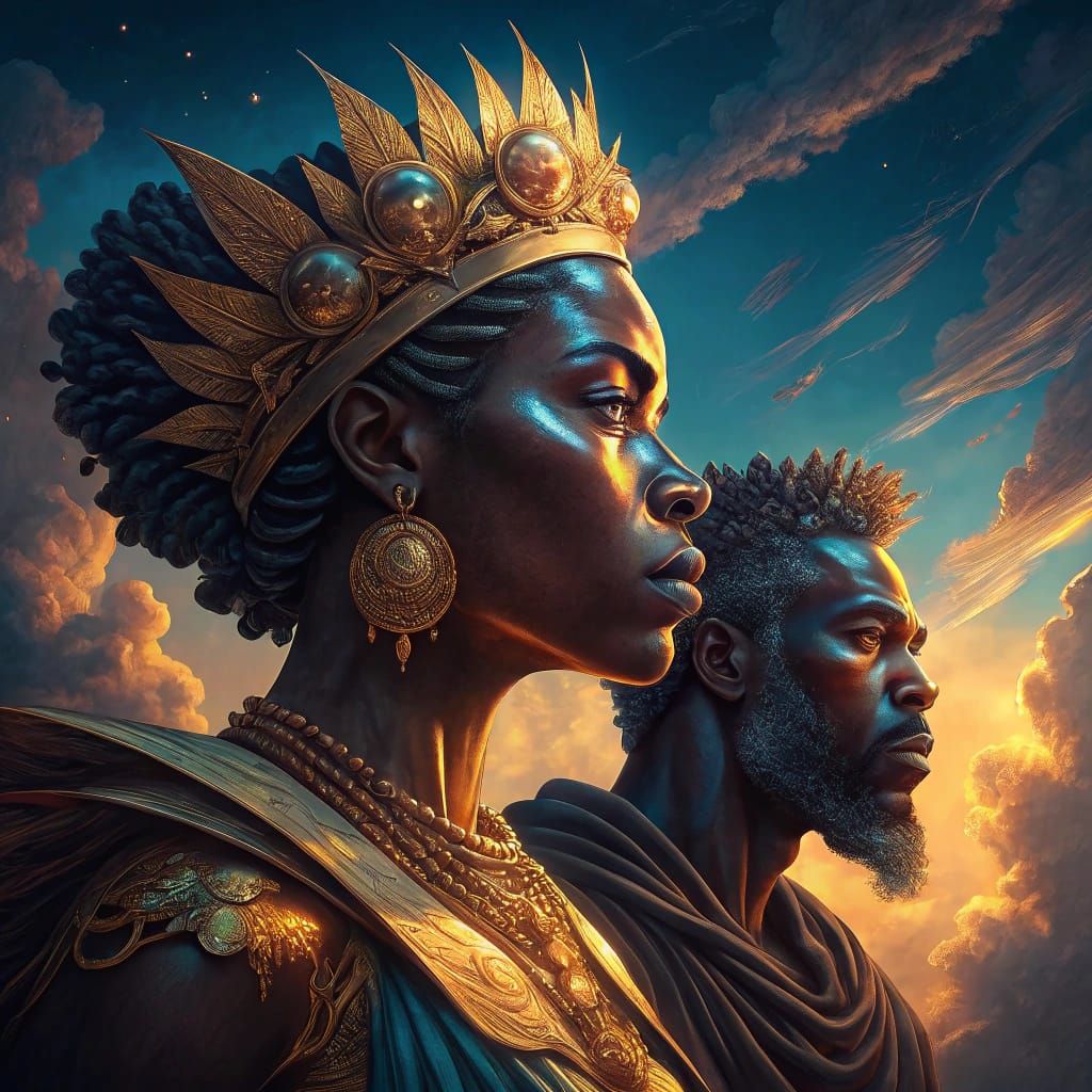Regal Goddess Meets Mythical King in Vibrant Fantasy Art