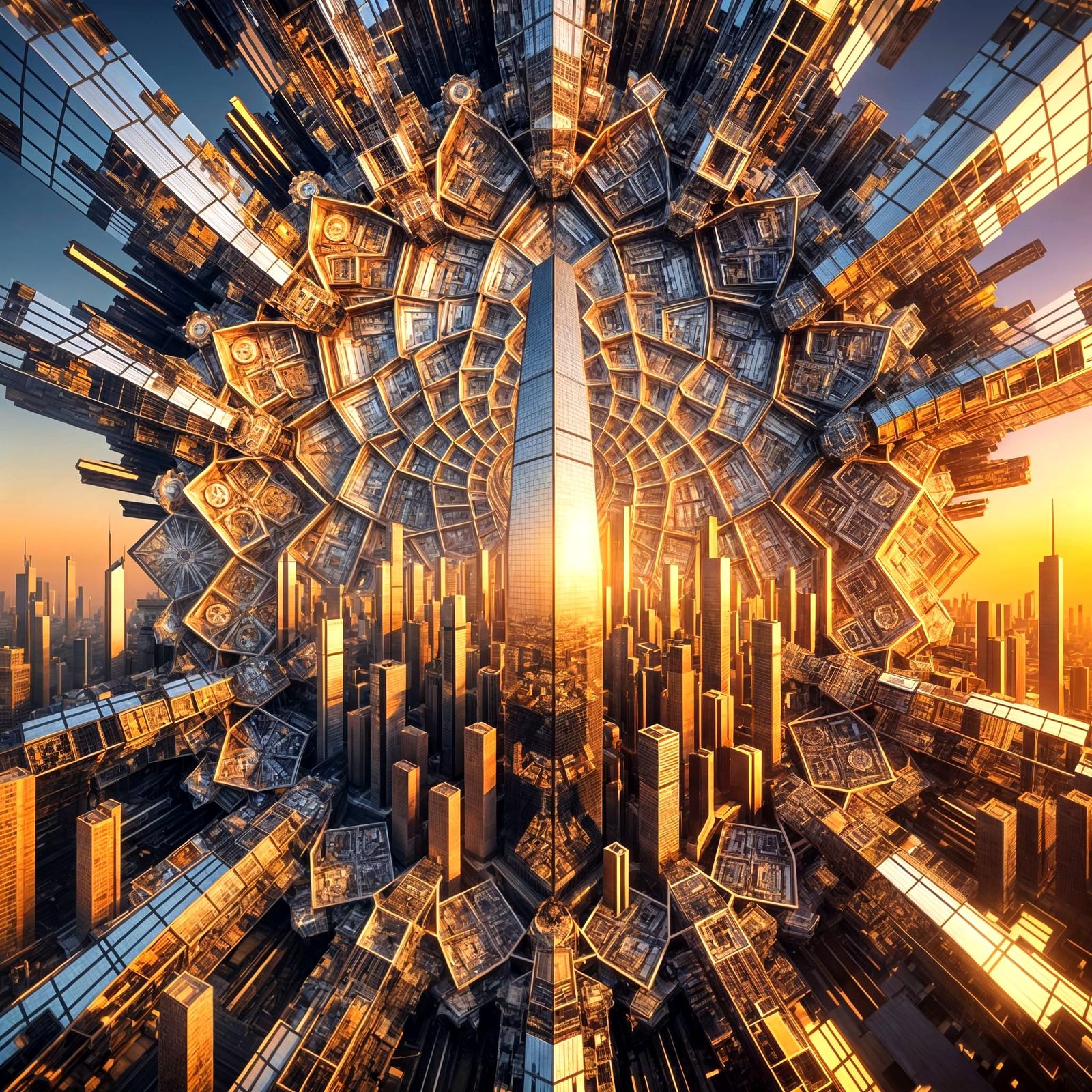 Fractal Cityscape Mandala in Golden Hour