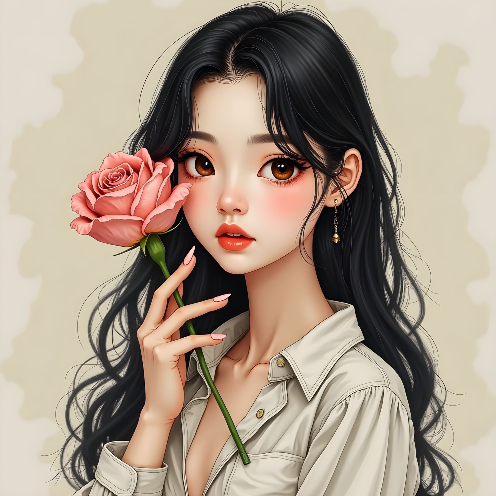 Elegant Pencil Sketch of a Beautiful Woman with Rose