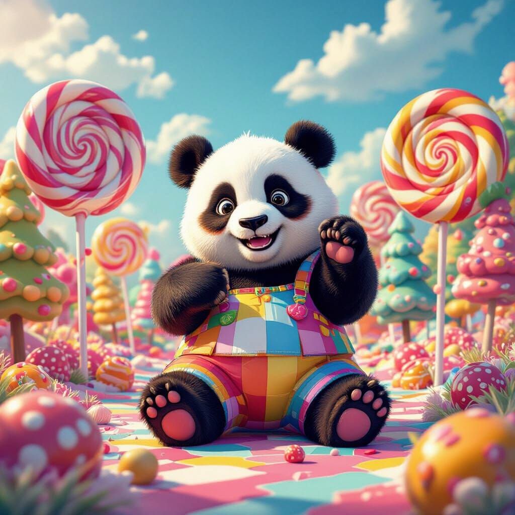 Panda in Candyland: Hyperrealistic Digital Illustration