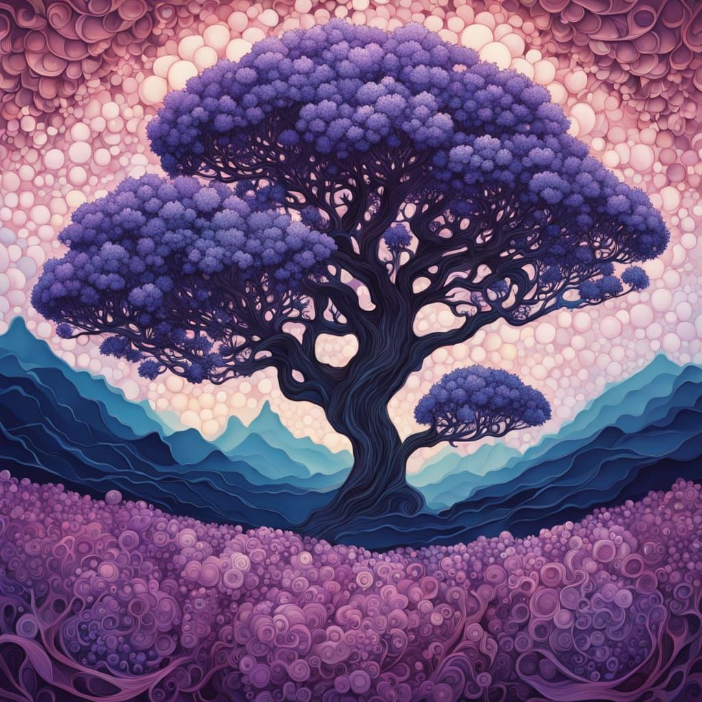 Surreal Purple Floral Landscape with Jacaranda Tree and Crys...