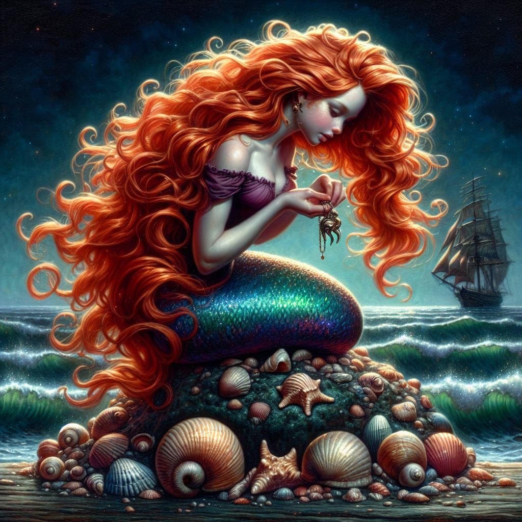 Mermaid with Red Hair Gazing at Pendant, as Oil Painting