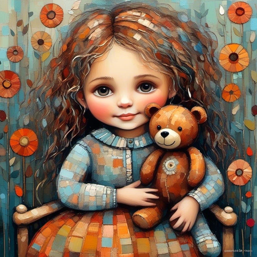 Adorable Toddler with Teddy Bear in Spring Landscape