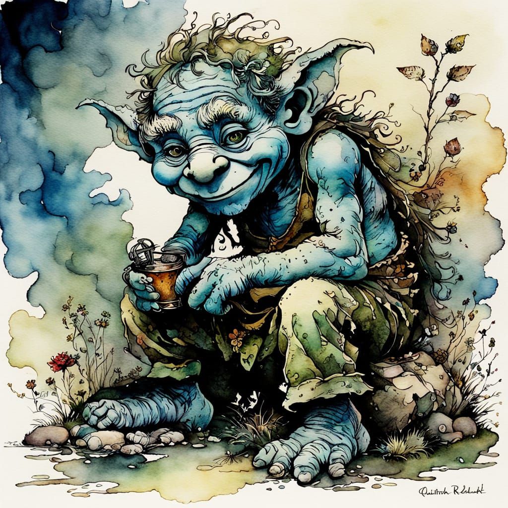 Whimsical Troll Illustration in Watercolor and Ink