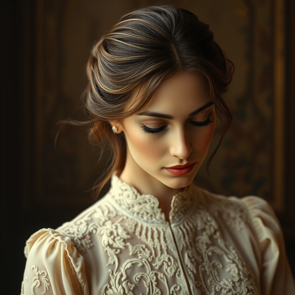 Elegant Woman in Vintage Lace Blouse