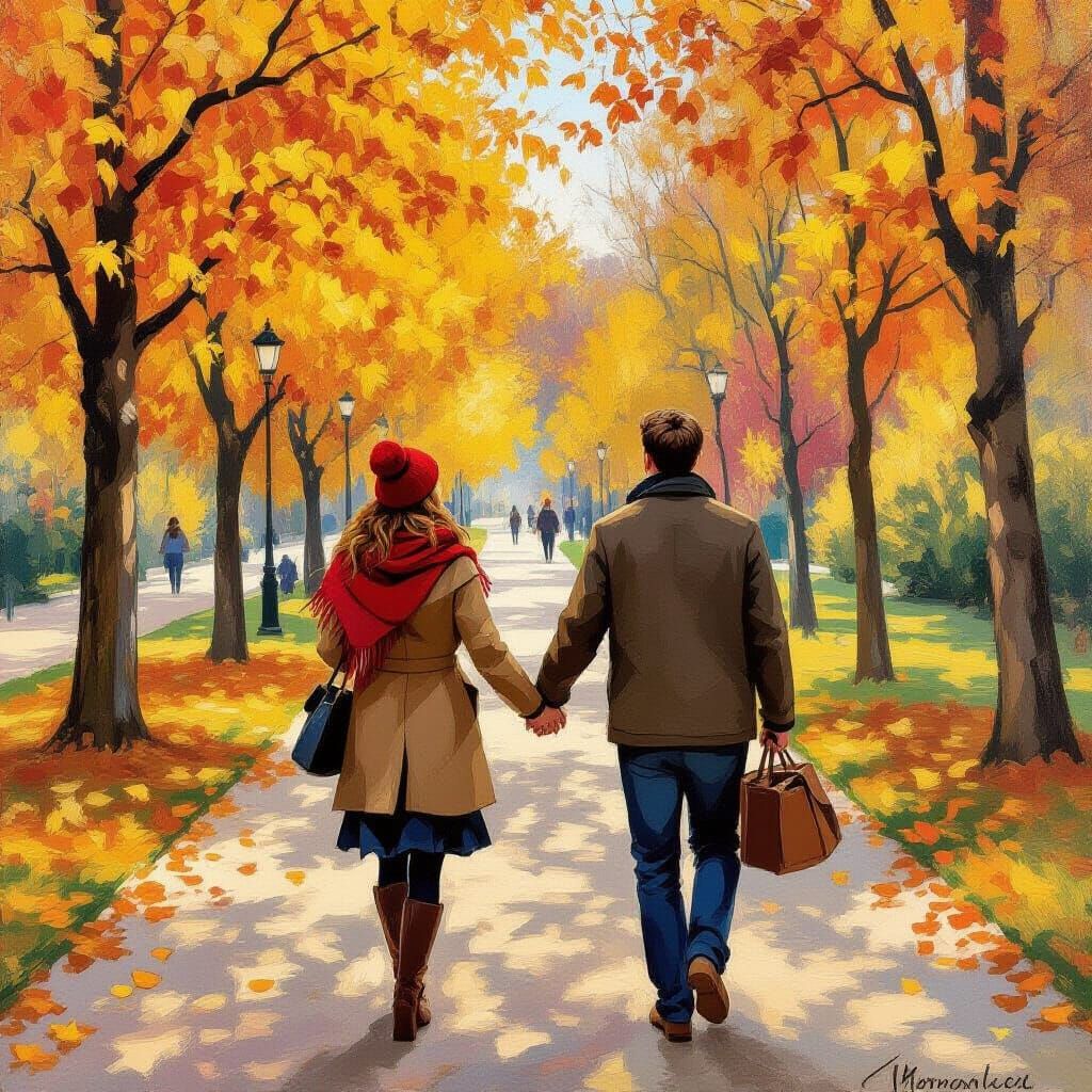 Couple Walking in Autumn Park: Impressionist Style