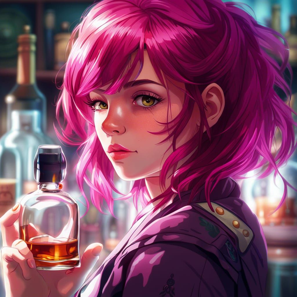 Magenta-Haired Anime Girl Portrait in Manga Style