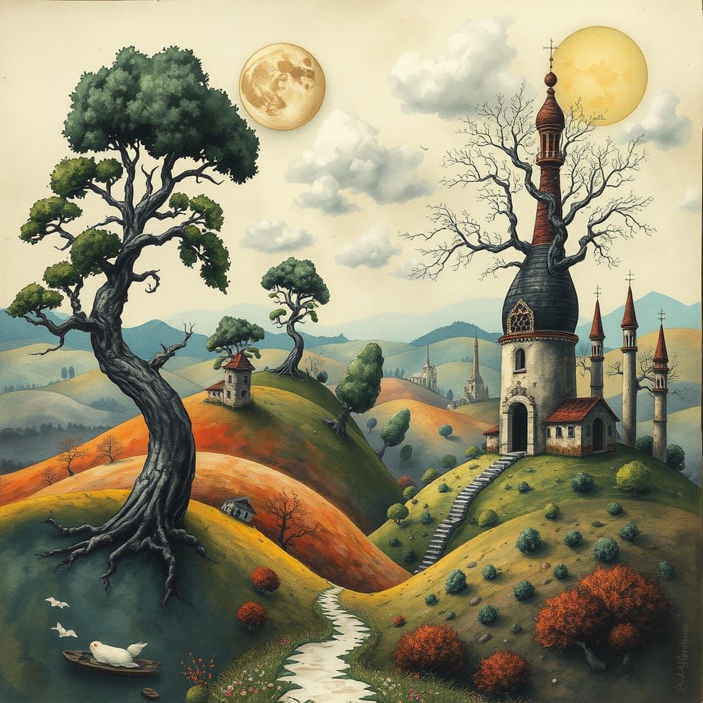 Dreamlike Fantasy World with Twisted Trees and Abstract Arch...