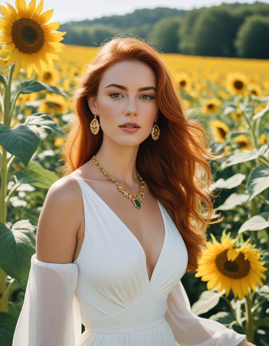 Auburn-Haired Woman in Sunflower Field, Slim Aarons Style