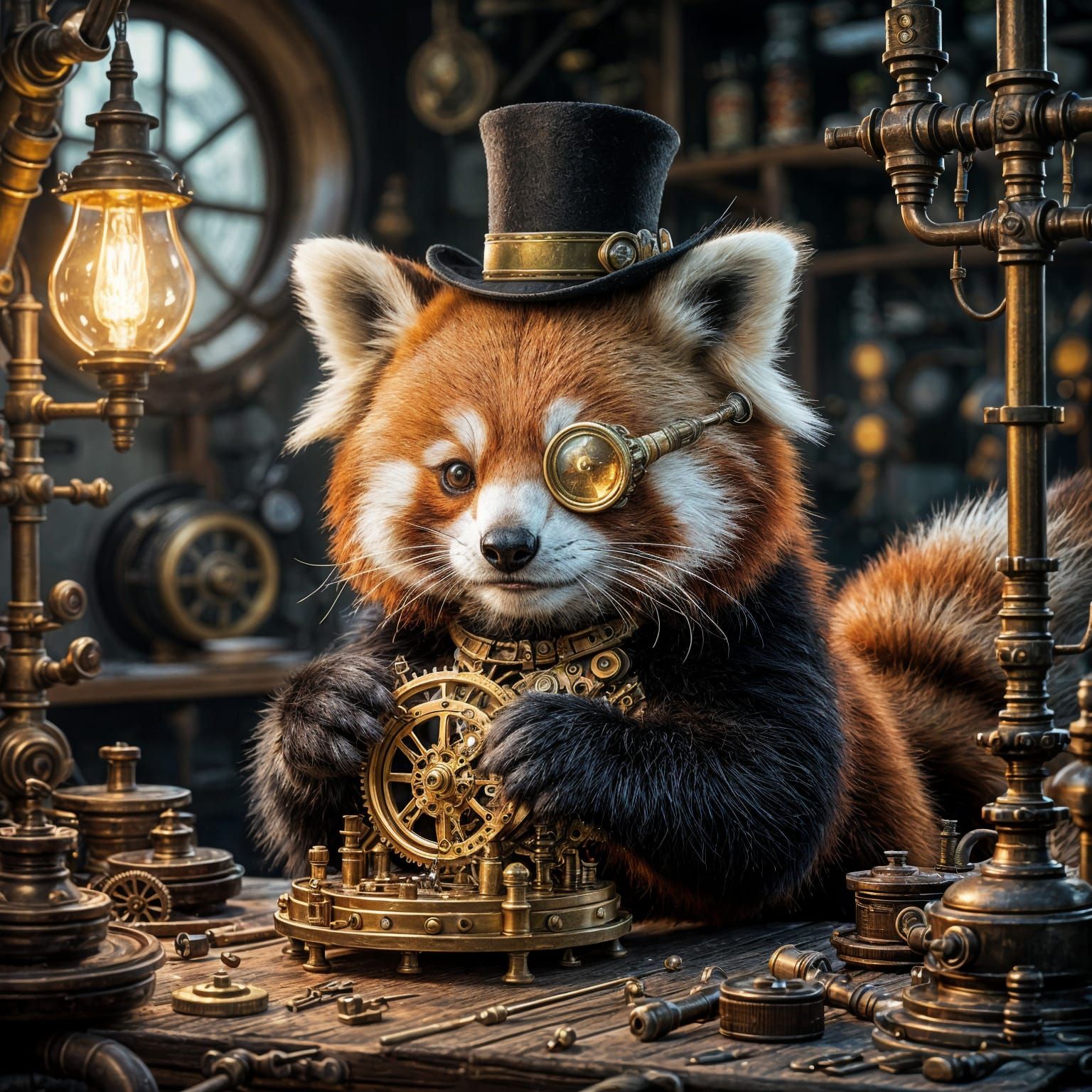 Steampunk Red Panda Tinkering With Clockwork Device